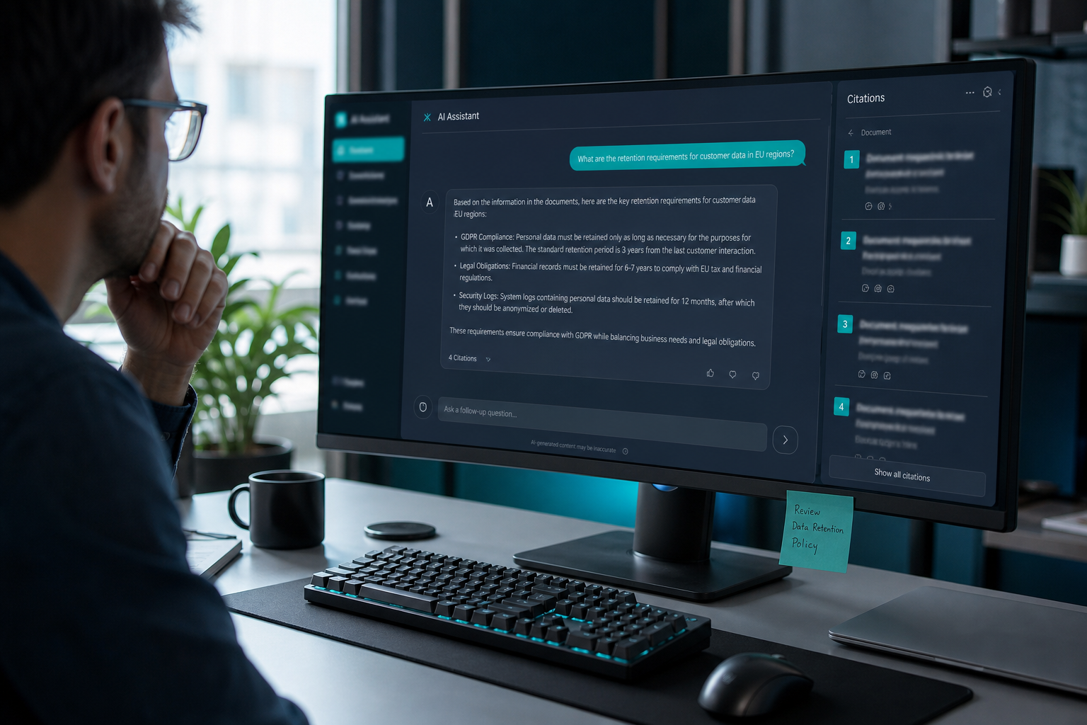 AI assistant interface with cited answers on a workstation for responsible enterprise AI